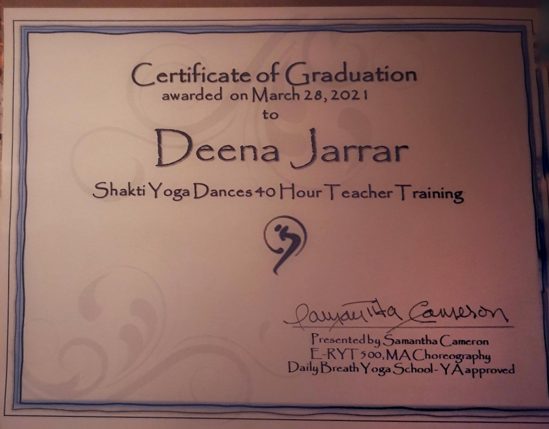 Certificate: 40 Hour Yoga Dance Teacher Training, Daily Breath Yoga School.